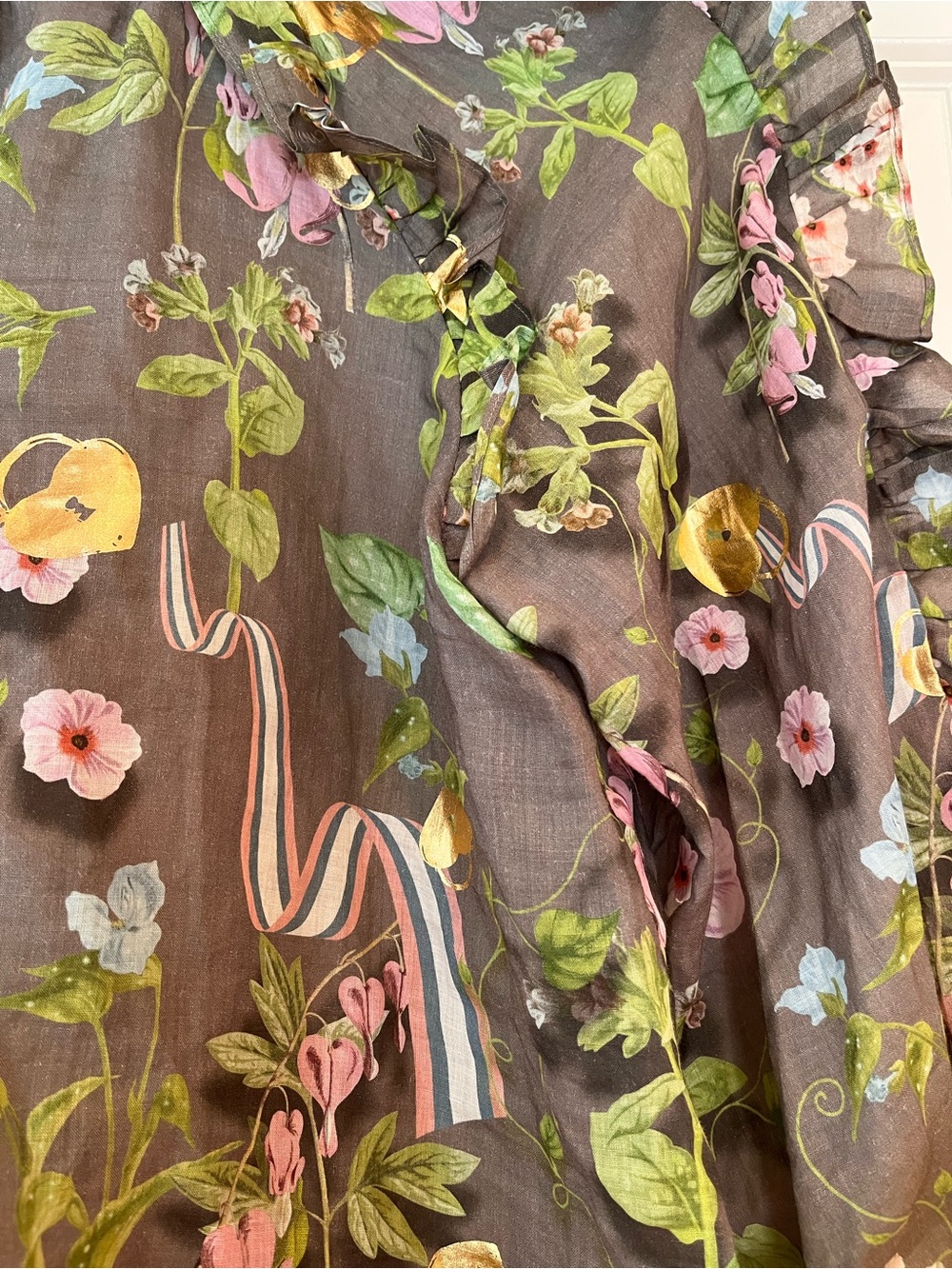 NWOT Cynthia Rowley Designer Dawn Blouse Large Floral Ruffle Gold Foil ~$345 - Picture 12 of 15